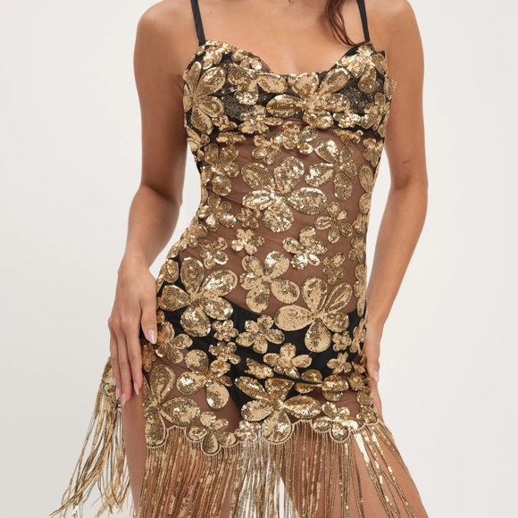 For Love And Lemons Dresses & Skirts - For Love & Lemons gold black colette sequin mini dress with fringe hem Size: XS